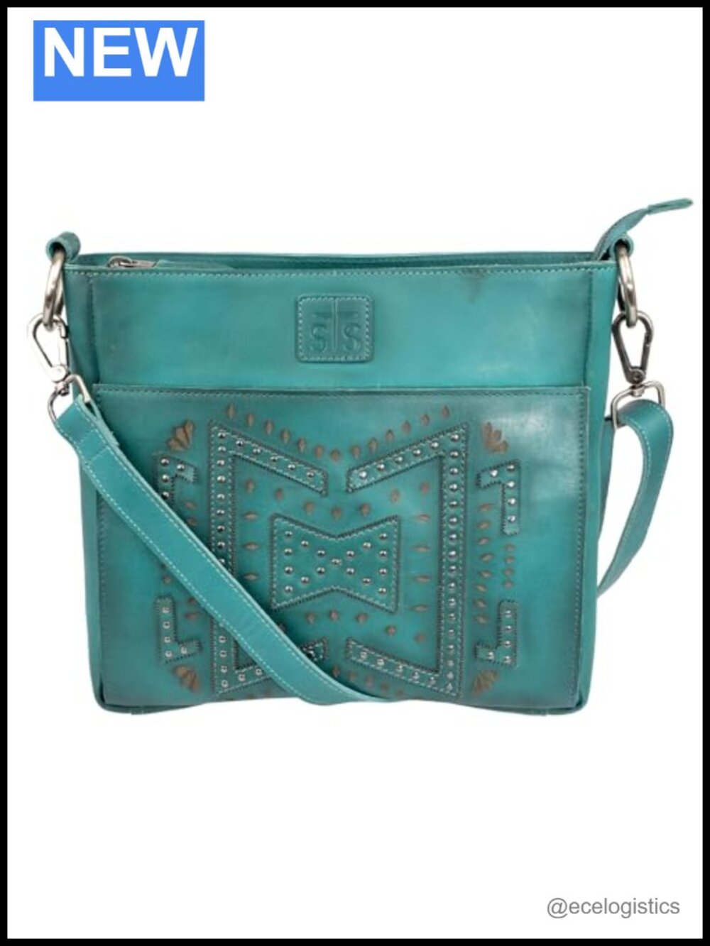 Women's Western Full Grain Leather Turquoise Crossbody Purse with Adjustable